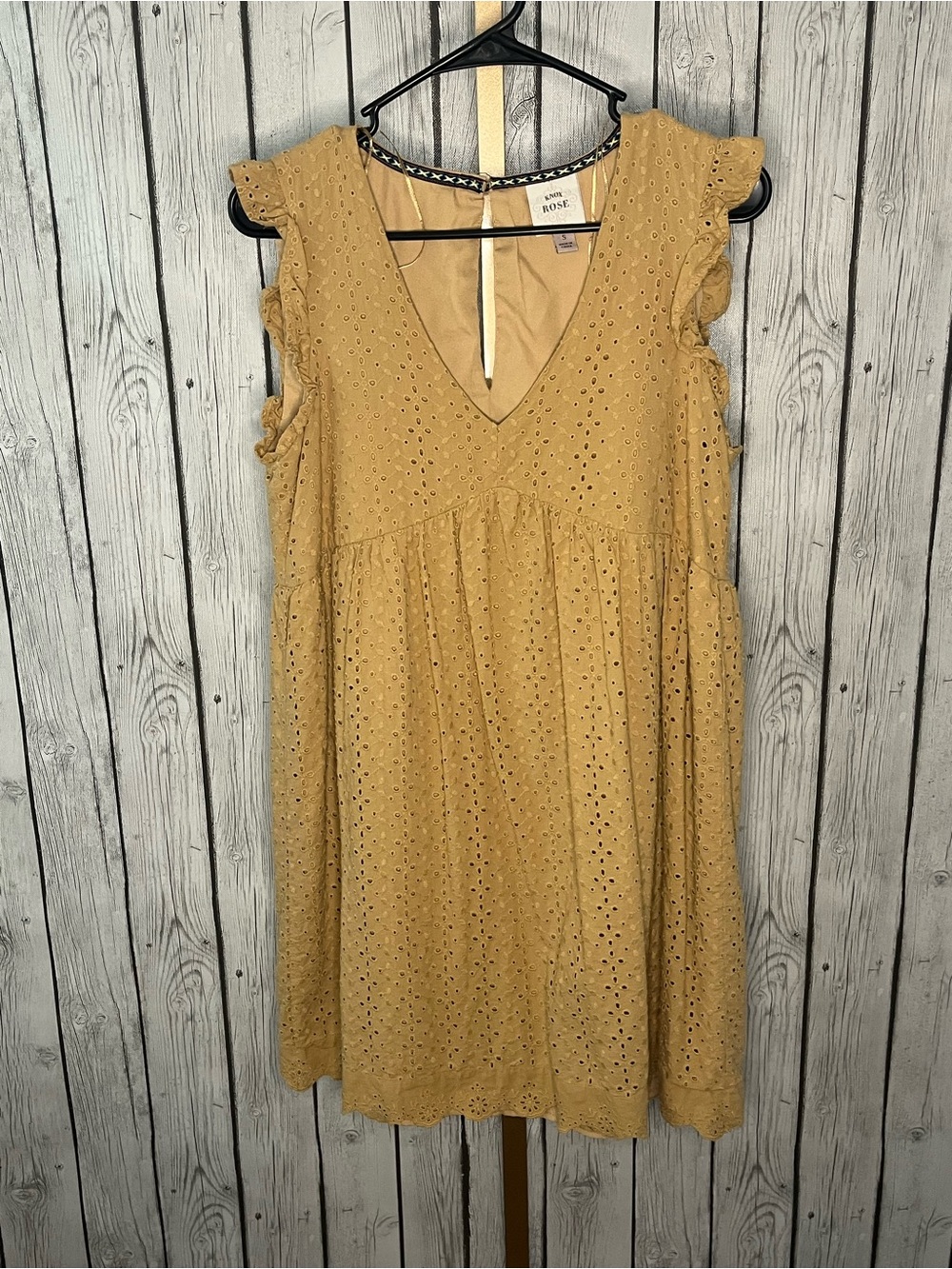Knox Rose Sahara Gold Ruffle Sleeve Eyelet Lace Babydoll Mini Dress Small